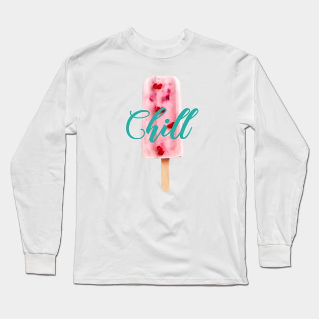 Chill Raspberry Popsicle Ice Cream on Stick with Teal Writing Long Sleeve T-Shirt by ArtMorfic